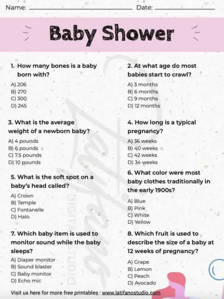Printable Baby Shower trivia questions
